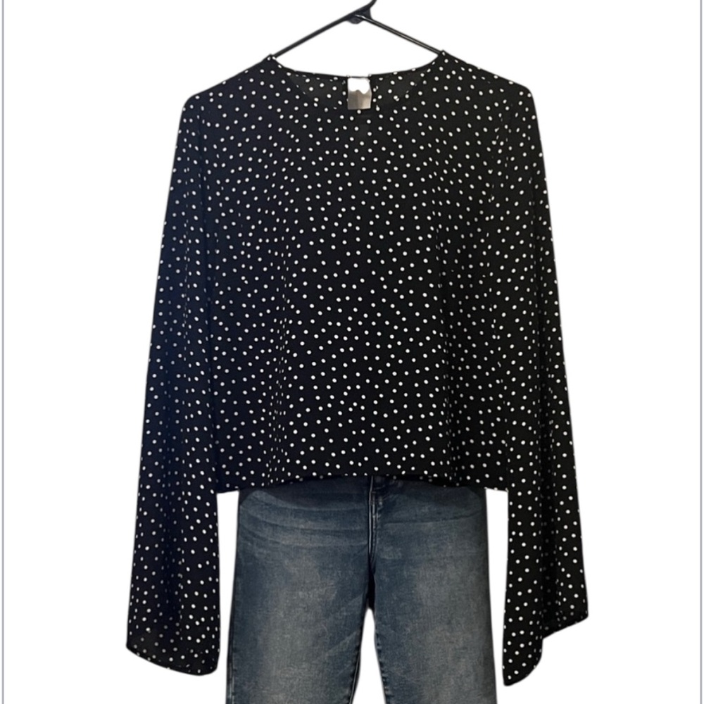 Black & White Womens Polka Dot Long Bell Sleeve Loose Flowy Top Sz M